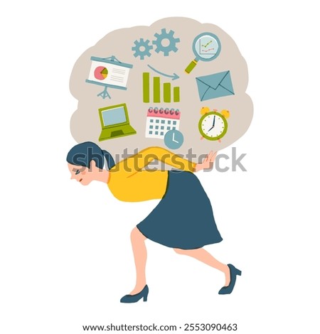 Stress burden, anxiety from work difficulty and overload, problem in economic crisis or pressure from too much responsibility concept, tried exhausted woman carrying heavy messy line on his back