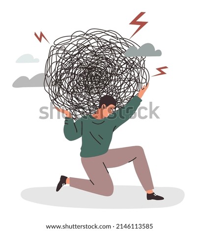 Stress burden concept. Man hardly bears lump of doubt, pensive character. Difficulties at work and in personal life, internal problems, mental troubles metaphor. Cartoon flat vector illustration