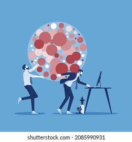 Stress burden and difficulty concept, tired exhausted businessman carrying heavy Stress on his back feeling stressed and negative vector illustration