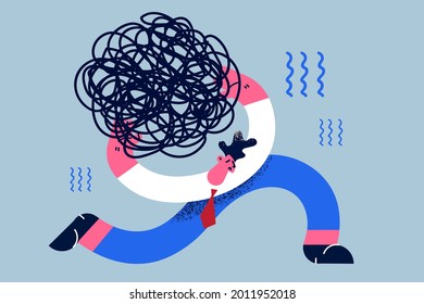 Stress burden, difficulty, crisis concept. Tired exhausted businessman cartoon character running carrying heavy messy line on his back feeling stressed and negative vector illustration