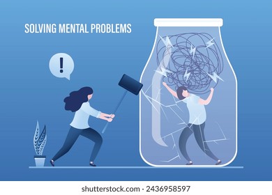 Stress burden, mental problem. Psychotherapist helps client with psychological problems. Confident woman smashes glass jar with hammer. Tired girl carrying heavy line on his head. Vector illustration