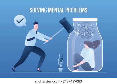 Stress burden, mental problem. Psychotherapist helps client with psychological problems. Confident doctor smashes glass jar with hammer. Unhappy girl sitting in jar. Vector illustration