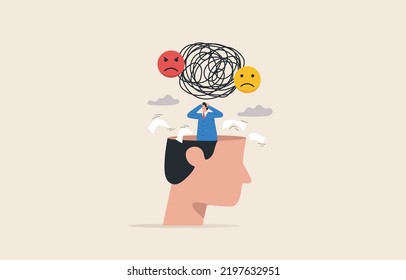 Stress burden from overwork. mental problems, anxiety. Businessman has heavy messy line  in his brain.