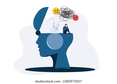 Stress burden from overwork. mental problems, anxiety. Businessman has heavy messy line in his brain.