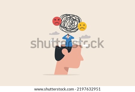 Stress burden from overwork. mental problems, anxiety. Businessman has heavy messy line  in his brain.
