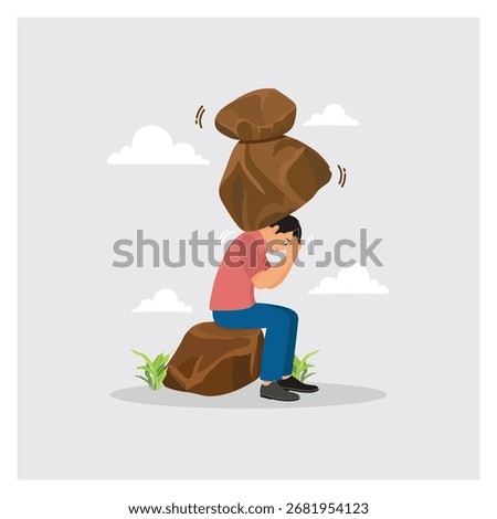 Stress and burden represented by a man carrying a large rock while showing distress. Symbolizing overwhelming challenges, responsibility, or emotional strain. Challenge to success concept.