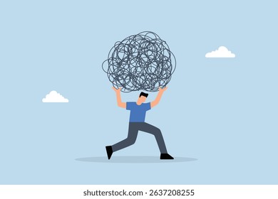 Stress burden, tired businessman carrying heavy tangled rope on his back.