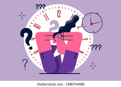 Stress, Burnout And Bad Time Management Concept. Young Sad Businesswoman Cartoon Character Sitting Feeling Stressed Pressured By Lack Of Time At Work Vector Illustration 