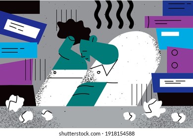 Stress, burnout, depression concept. Overworked exhausted businessman sitting in office with pile of paperwork feeing tired and burnt out vector illustration