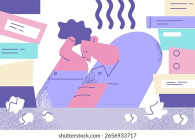 Estrés, burnout, concepto de depresión. Empresario agotado con exceso de trabajo sentado en la oficina con una pila de papeleo sintiéndose cansado y quemado Ilustración vectorial