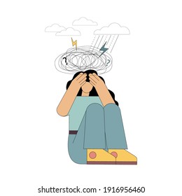 Stress, burnout, depression. The little man sits with his arms around his head in a state of sadness. Vector illustration.