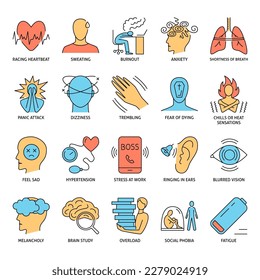 Stress and burnout icon set in colored line style. Vector illustration.