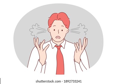 Stress, burnout, lack of attention concept. Young unhappy frustrated man office worker standing and expressing feeling totally broken stressed and overworked at workplace vector illustration 