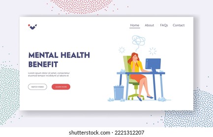 Stress, Burnout Landing Page Template. Overloaded with Hard Work Business Woman Holding Head with Hands Sitting at Workplace with Crumpled Papers around in Office. Cartoon People Vector Illustration