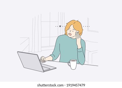 Stress, burnout, mental crisis concept. Overworked exhausted woman office worker sitting at laptop and touching temple with hand feeing tired and burnt out vector illustration