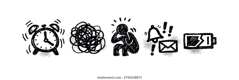 Stress, Burnout, and Mental Overload Hand-Drawn Icons Set