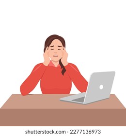 Stress, burnout, overwork concept. Young stressed businesswoman cartoon character witting touching head working on laptop feeling worried, tired and overwhelmed