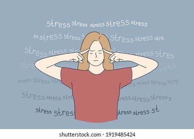 Stress, burnout, tiredness concept. Overworked exhausted young woman standing and touching temples with fingers feeing tired and burnt out vector illustration