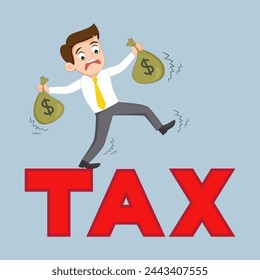Stress Business Man Walking On Word Tax. 
Tax Cricis Concept.Flat, Vector, Illustration, Cartoon, EPS10. 
