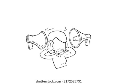 Stress business woman stressed because of noise. Stress at work concept. Cartoon vector illustration design