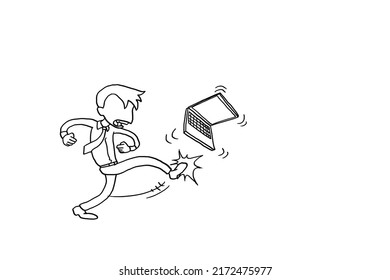 Stress businessman kick out laptop. Concept of Stress at work. Cartoon vector illustration design