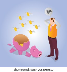 Stress businessman loosing saving money 3d isometric vector illustration concept for banner, website, landing page template, ads and flyer