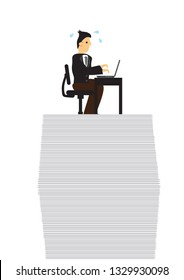 Stress businessman on top of documents doing work. Concept of overwork, office culture or corporate sabotage. Isolated vector illustration.