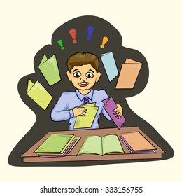 stress businessman with opened folder and job desk cartoon illustration