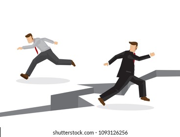 Stress businessmen running away from crack earth. Concept of busineessmen escaping from challenge, obstacles or problems. Vector cartoon illustration.