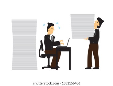 Stress businessmen working. Concept of overwork, office culture or corporate sabotage. Isolated vector illustration.