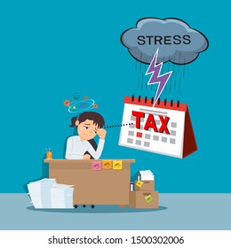 Stress businesswoman sitting next to the calendar tax day, illustration vector cartoon