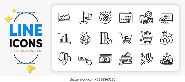 El estrés, el gráfico de calendarios y los iconos de la línea de compras de Internet que se han establecido para la aplicación incluyen oferta caliente, puntos de lealtad, icono delgado del esquema de pago. Cambio de dinero, hito, ícono de pictograma de robo a mano armada. Vector