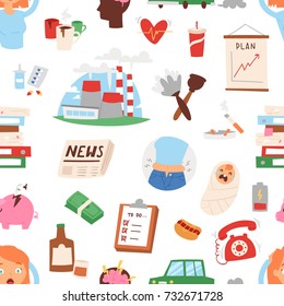 Stress cartoon woman girl character vector illustration seamless pattern background