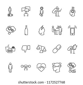 Stress Causes Icons Collection Set. Outline Vector Illustration Why People Are Stressed. Reason Of Frustration, Mental Disease, Anxiety, Depression And Other Bad Emotions