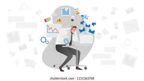 Stress causes vector illustration. Busy men in office with documents and computer stressing about low battery, deadlines, money, junk food, charts and indicators. Modern society problem in work or job