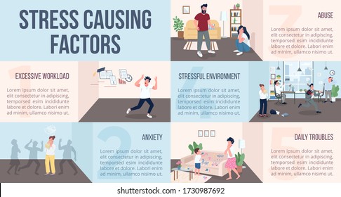 Stress causing factors flat color vector informational infographic template. Panic poster, booklet, PPT page concept design with cartoon characters. Advertising flyer, leaflet, info banner idea