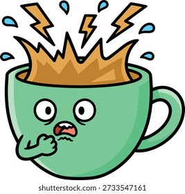 Adesivo de xícara de café de estresse com um personagem de caneca verde chocado espirrando líquido com relâmpagos e gotas de água. Perfeito para stress, burnout, cafeína e design visual de saúde mental.

