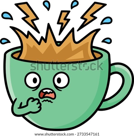 Stress coffee cup sticker featuring a shocked green mug character splashing liquid with lightning bolts and water drops. Perfect for stress, burnout, caffeine, and mental health visual designs.
