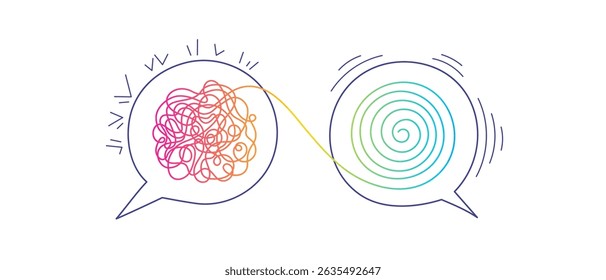 Conceito de estresse. Linha abstrata rabisca diálogo, cérebro. Ilustração de vetor emaranhado. Processo de psicologia, problemas de design de solução, caos, psicoterapia da mente. Traçado editável
