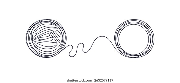 Conceito de estresse. Caos e bagunça. Desenrosque a bola da linha. Conceito de linha de vetor. Símbolo de rabiscar gráfico abstrato. Processo de psicologia, problemas de design de solução, caos, psicoterapia da mente. Traçado editável