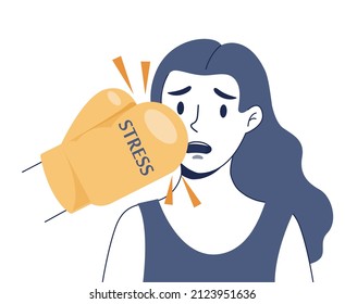 Stress concept. Depression and fear, emotional frustration. Mental disorder and pressure. Suffering from anxiety and pressure. Boxing glove as a stress. Flat vector illustration