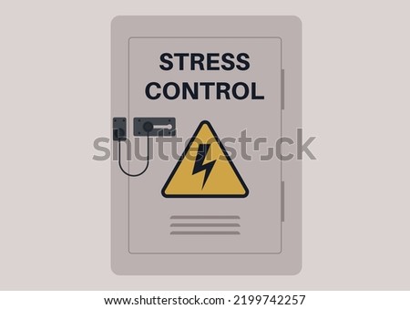 A stress concept, electricity box with a high voltage sign locked with a chain door guard, anger management