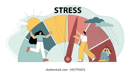 Stress concept. Emotional overload. Stress levels are reduced through the concept of problem solving and the pressure of tiny people. Employee frustrations at work. Vector flat illustration.