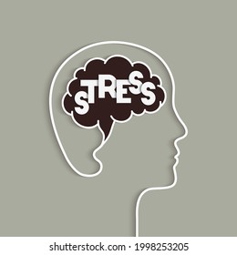 Stress concept with human head and brain silhouette. Mental stress, feeling stressed or stressing over something. Vector illustration in papercut art. Word lettering typography.