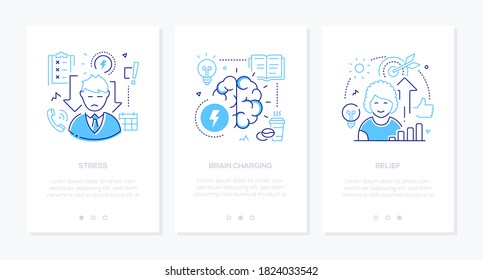 Stress concept line design style web banners with copy space for text. Psychological problems, emotional burnout and support idea. Brain charging, relief and low productivity linear illustrations