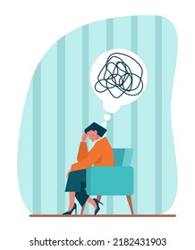 Stress concept. Mental disorder and pressure. Character suffering from depression and fear, emotional frustration. Lack of energy and motivation. Flat vector illustration