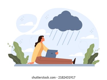 Stress concept. Mental disorder and pressure. Character suffering from depression and fear, emotional frustration. Lack of energy and motivation. Flat vector illustration