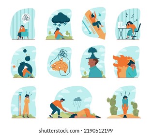 Stress concept set. Mental disorder and pressure. Character suffering from depression and fear, emotional frustration. Lack of energy and motivation. Flat vector illustration