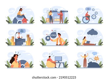 Stress concept set. Mental disorder and pressure. Character suffering from depression and fear, emotional frustration. Lack of energy and motivation. Flat vector illustration