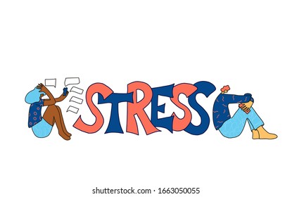 Stress concept. Stylized text and  young persons sitting on the floor with anxiety isolated on white background. Woman suffering from cyberbulling. Man with bad mood. Vector illustration.